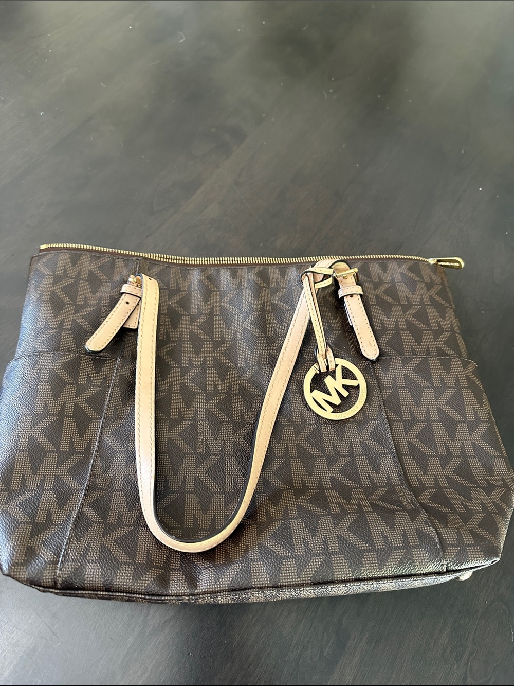 Michael Kors Brown and Beige MK Logo Shoulder Bag with Gold Charm